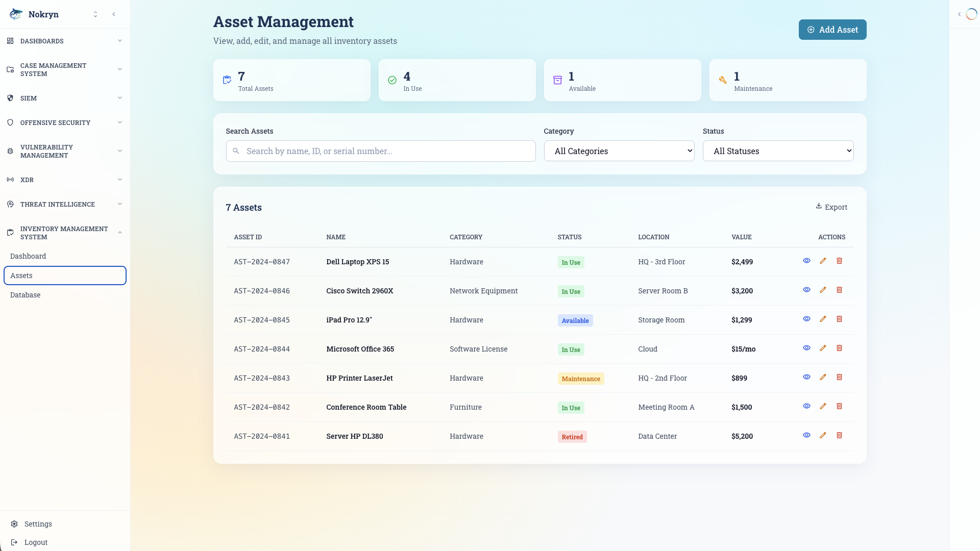 Nokryn IMS Asset Screen